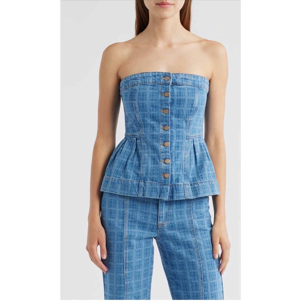 Damson Madder Blue Laser Etched Denim Strapless Peplum Corset Tube Top Sz14